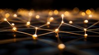 Abstract network connections with glowing nodes and golden light effects on dark background for technology and digital communication concepts.