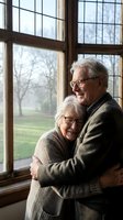 Happy elderly couple embracing by window in cozy home interior, senior man and woman sharing tender moment together, love and companionship in golden years.