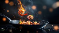 Flaming shrimp tossed in pan with fire and smoke against dark background, dramatic food photography with orange bokeh lights and cooking action movement.