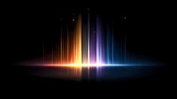 Vibrant spectrum of vertical light beams creating aurora-like effect with orange, purple and blue colors reflecting on dark surface, abstract background design.
