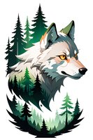 Artistic wolf portrait merged with forest landscape, perfect for t-shirt design, tattoo art or logo. Double exposure effect combines wild animal and pine trees in green color scheme.
