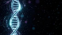 Glowing DNA double helix structure with luminous blue strands against dark cosmic background with sparkling particles for genetic research concepts.
