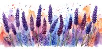Watercolor lavender field with purple flowers and orange sky background, artistic floral composition with splashes and abstract elements. Suitable for wall art.