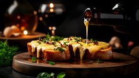 Pouring golden honey over artisanal bread topped with fresh herbs and nuts on rustic wooden board, moody dark food photography with bokeh lights background.