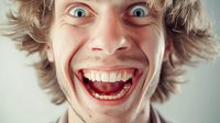 Young Caucasian man with messy hair making an exaggerated crazy facial expression showing teeth and wide-eyed stare, capturing genuine emotion and humor.