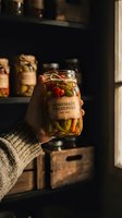 Hand holding glass jar of homemade preserved vegetables with label against dark pantry shelving. Rustic food storage and canning concept for culinary, recipe, and domestic lifestyle use.