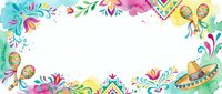 Colorful Mexican fiesta border frame with maracas, sombrero, geometric patterns and floral elements on white background for party invitations and celebrations.