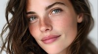 Close-up portrait of young Caucasian woman with freckles, natural makeup, and wavy brown hair against neutral background.