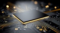 Modern microprocessor chip with golden circuit traces on dark printed circuit board with glowing bokeh lights for technology and electronics concepts.