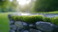 Fresh green moss growing on weathered wooden surface with morning dew drops in natural outdoor setting. Macro photography showcasing organic texture and moisture.