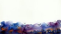 Watercolor landscape with twilight sky transitioning from blue to purple, silhouetted trees, flying birds, and glowing lights along horizon. Suitable for backgrounds, nature themes, and atmospheric design projects.