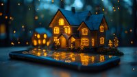 Glowing miniature house on smartphone screen with magical bokeh lights, creating dreamy atmosphere for real estate and smart home technology concepts.