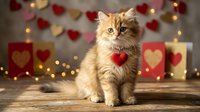 Adorable fluffy orange tabby kitten with red heart decoration sitting on wooden surface with romantic Valentine's Day lights and gift boxes background.