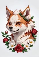 Artistic fox portrait surrounded by red roses and white daisies on light background, decorated with green leaves and floral elements. For tattoo or print design.