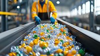 Mixed plastic waste on conveyor belt at recycling facility with worker in safety vest and gloves sorting materials for sustainable processing.