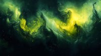 Mystical green and yellow nebula swirls against dark space background, creating ethereal cosmic clouds with luminous glow effects and dynamic fluid movement patterns.