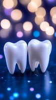 White healthy molar teeth on dark blue background with bokeh lights and glowing effects, dental care concept for orthodontics and stomatology advertising.
