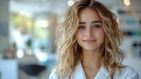Young Caucasian woman with wavy blonde hair and natural makeup smiling gently at camera, wearing white top against soft blurred background for beauty or lifestyle content.