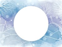 Winter watercolor background with white circle frame, delicate tree branches and snowflakes in soft blue and purple tones for seasonal design projects.