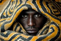 Young African man wrapped in traditional patterned fabric with intense gaze and cultural headwrap for ethnic fashion and heritage concepts.