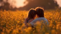 Romantic couple embracing in golden sunflower field during sunset with warm lighting creating intimate atmosphere for love and relationship concepts.