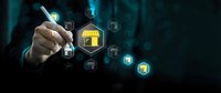 Professional hand pointing at digital home security interface with smart lock icons and connected device symbols for modern property protection technology.