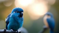 Small blue parrot perched on branch with soft bokeh background. Colorful tropical bird in natural outdoor setting with warm sunlight and blurred foliage.
