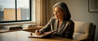 Mature woman with gray hair, South Asian ethnicity, wearing business blazer, writing at wooden desk in modern office with city view, professional workspace setting.