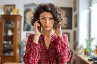 Frustrated woman with curly hair talking on phone at home, expressing anger and stress during difficult conversation in modern living room interior.
