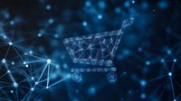 Digital shopping cart wireframe on dark blue technology background with connected nodes and glowing network lines for e-commerce concepts.