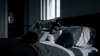 Tired woman lying on bed in dark bedroom with morning light from window, experiencing fatigue, stress, or depression in modern home interior.