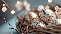 Decorative Easter eggs with gold speckles and metallic finish in natural nest with cherry blossom branches against blurred bokeh background.
