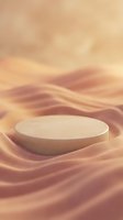 Wooden podium platform nestled in flowing sand dunes with warm peachy tones, ideal for product display and cosmetic branding mockups.
