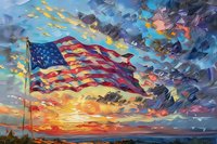 American flag waves against dramatic sunset sky with vibrant orange and blue clouds, patriotic scene over ocean horizon, artistic interpretation in bold brushstrokes.