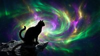 Cat silhouette sitting on rocky surface against spectacular aurora borealis with swirling green and purple lights in starry night sky for fantasy artwork.