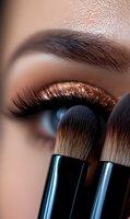 Macro shot of eye makeup application with copper glitter eyeshadow and professional brushes. Closeup shows long eyelashes and defined brow against smooth skin.
