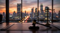Wooden gavel and scales of justice on desk overlooking city skyline at sunset. Legal office interior with urban backdrop for law firm concepts.