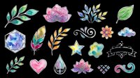 Watercolor floral and nature clipart set with leaves, feathers, flowers, star, heart, and decorative elements, isolated on transparent background, for stickers, t-shirt design, and print on demand.