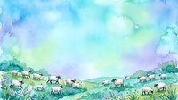 Watercolor pastoral landscape with grazing cattle and sheep across rolling green hills under soft blue and purple sky, suitable for home decor and editorial use.
