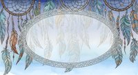 Ornate dreamcatcher with feathers and beads framing oval opening, featuring intricate web patterns and hanging decorative elements against soft sky background for spiritual and bohemian design projects.