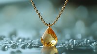 Golden citrine teardrop pendant on delicate chain necklace against sparkling water droplets background, macro jewelry photography with soft bokeh effect.