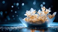 Glowing crystal clusters in glass bowl against dark blue background with bokeh lights, creating magical mineral formation display for spiritual decor.