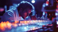 Male scientist in white coat examining test tubes in dark laboratory with dramatic blue lighting and bokeh effects in foreground, research concept.