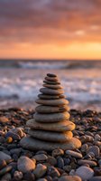 Zen stone stack on pebble beach at sunset with warm orange sky and gentle waves creating peaceful meditation atmosphere for wellness and mindfulness concepts.