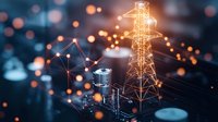 Glowing power transmission tower with digital network connections and orange light effects against dark background, representing smart grid technology and energy infrastructure.