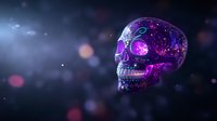 Mystical crystal skull glowing with purple cosmic energy and galaxy patterns against dark background with bokeh lights and ethereal atmosphere.