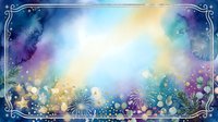 Watercolor gradient background with blue, purple, and gold tones, featuring bokeh lights, fireworks, and ornamental frame border. Suitable for celebrations, invitations, and festive designs.