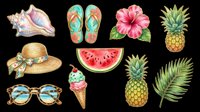 Tropical summer collection with seashell, flip flops, hibiscus flower, pineapple, straw hat, sunglasses, watermelon slice, ice cream cone and palm leaves isolated on transparent background. Ready for t-shirt designs, stickers, clipart and print-on-demand products.