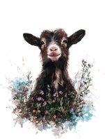 Adorable black baby goat portrait surrounded by wildflowers and watercolor splashes on white background, artistic farm animal illustration for nursery decor.