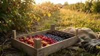 Fresh organic berries in rustic wooden crate during golden hour harvest time. Natural farming concept with strawberries and blueberries in countryside setting.